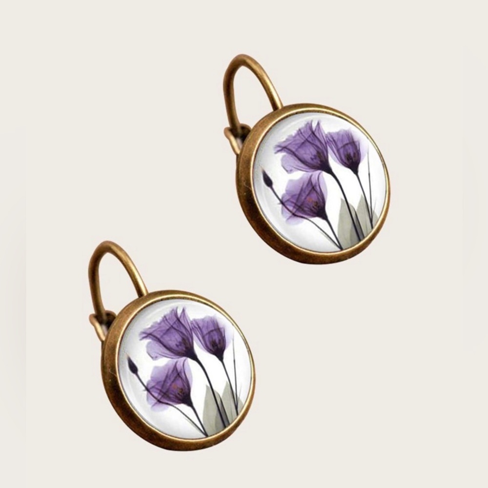 Purple Floral Bronze Hoop Earrings